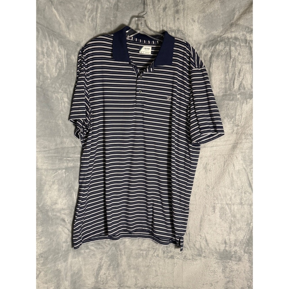 IZOD Golf Mens XL Navy Blue Striped Short Sleeve Polo Shirt Stretch Performance